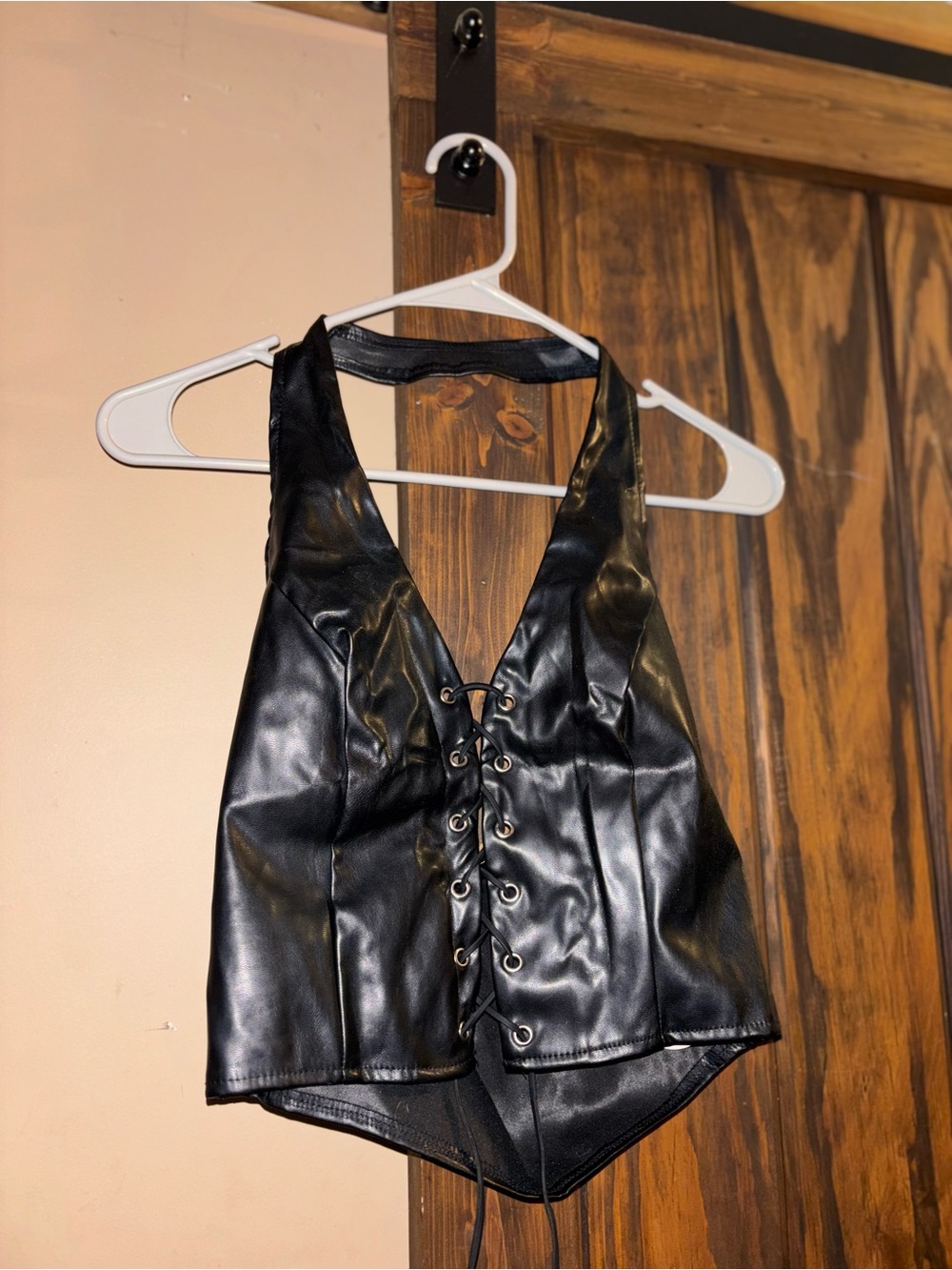 Black Faux Leather Lace-Up Halter Crop Top